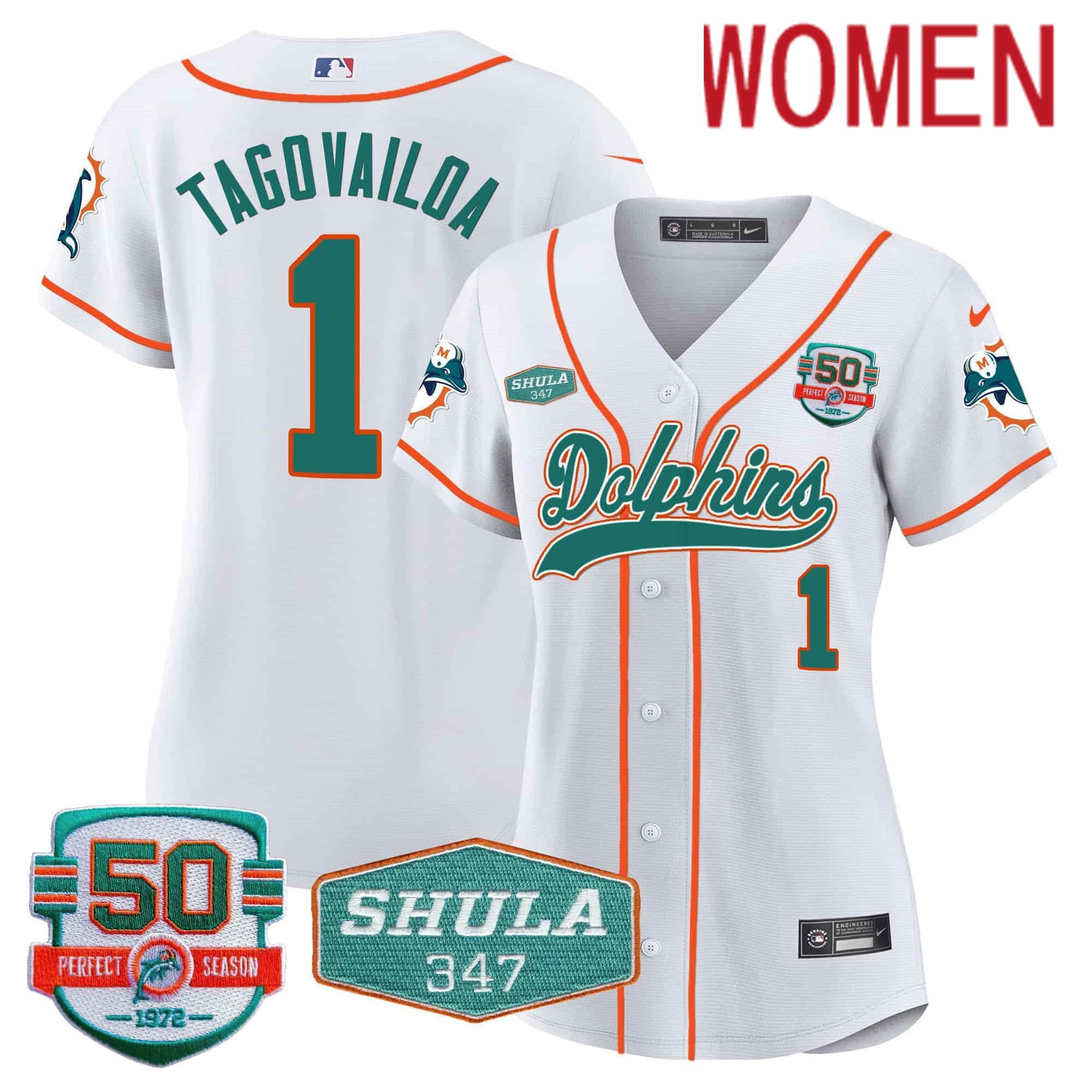 Women Miami Dolphins #1 Tagovailoa White 2024 Nike 50th Don Shula Memorial Patch Baseball NFL Jersey
